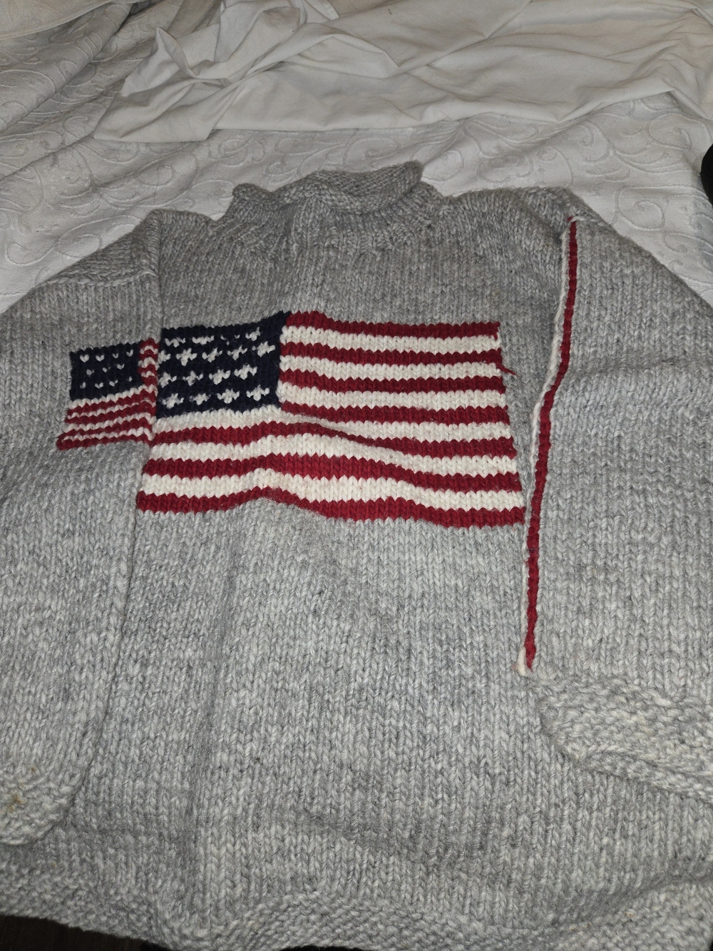 Gray 100% Wool Knit Sweater with American Flag Accent